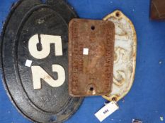 A NER IRON BRIDGE PLATE NO: 152 TOGETHER WITH A LMS IRON MARKER PLATE NO:52 AND ANOTHER FOR