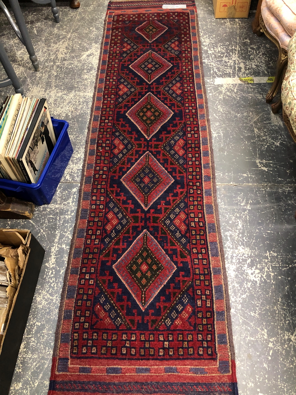 A ORIENTAL MIXED TECHNIQUE TRIBAL RUNNER TOGETHER WITH ANOTHER RUG. - Image 2 of 3