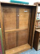 AN ANTIQUE OAK BOOK CASE SECTION WITH ADJUSTABLE SHELVES. W110 x D 28 x H 163cms