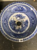 A MAJOLICA LIGHT SHADE TOGETHER WITH A BLUE AND WHITE PRINTED POTTERY WASH BASIN