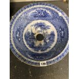 A MAJOLICA LIGHT SHADE TOGETHER WITH A BLUE AND WHITE PRINTED POTTERY WASH BASIN