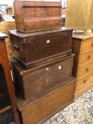 THREE VICTORIAN PINE BOXES AND A SEWING MACHINE.