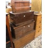 THREE VICTORIAN PINE BOXES AND A SEWING MACHINE.