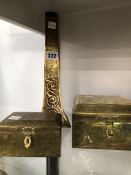 AN ENGRAVED BRASS KORAN BOX TOGETHER WITH ANOTHER SMALLER AND A SAIDA BRASS VASE