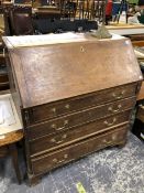 A GEORGIAN MAHOGANY BUREAU. W 98 X D 58 X H 107cms.