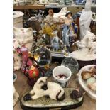 VARIOUS PORCELAIN FIGURES, A BESWICK CAT AND AND MOUSE GROUP, A FLORAL CAT, SHELLS, A CLOCK, ETC.