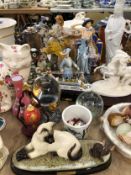 VARIOUS PORCELAIN FIGURES, A BESWICK CAT AND AND MOUSE GROUP, A FLORAL CAT, SHELLS, A CLOCK, ETC.