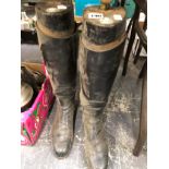 A PAIR OF BLACK LEATHER BOOTS WITH TOM HILL TREES