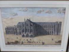 AN ANTIQUE HAND COLOURED PRINT OF THE NORTH PROSPECT F WESTMINSTER ABBEY, 48 x 68cms.