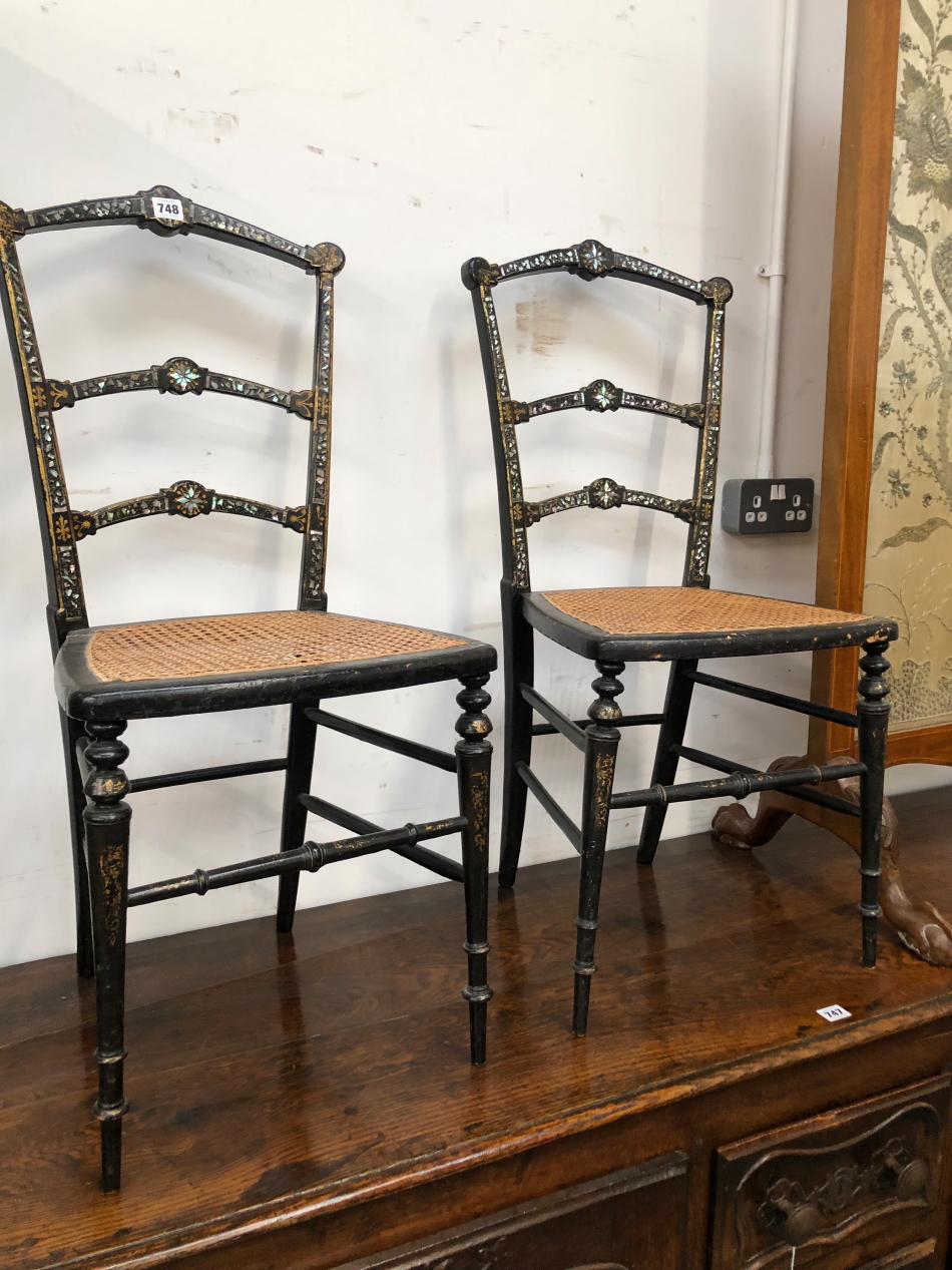 A PAIR OF VICTORIAN MOTHER OF PEARL INLAID SALON SIDE CHAIRS.