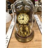 A TIMEPIECE IN ROUND ARCHED MARQUETRIED MAHOGANY CASE TOGETHER WITH A ROTARY CLOCK UNDER DOME