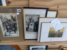 TWO EARLY 20th CENTURY ETCHINGS OF TOWN VIEWS TOGETHER WITH UNFRAMED PENCIL SIGNED FIGURAL WORKS AND
