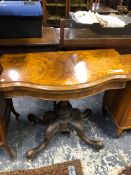 A VICTORIAN BURR WALNUT FOLD OVER CARD TABLE. 90 X 90 x h 74cms.