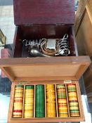 A MAHOGANY BOX OF PLASTIC GAMES COUNTERS TOGETHER WITH ANOTHER BOX OF ELECTROPLATE AND SOME BRASS