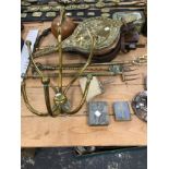 BRASS WARES: TO INCLUDE: FIRE BELLOWS, DISHES, TOASTING FORKS, LADLES AND COAT HOOKS TOGETHER WITH