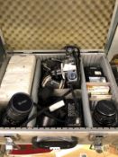 A HAKUBA METAL CASED CANON AE-1 CAMERA, NISSIN FLASH UNITS, FILTERS AND THREE LENSES TO INCLUDE A