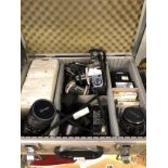 A HAKUBA METAL CASED CANON AE-1 CAMERA, NISSIN FLASH UNITS, FILTERS AND THREE LENSES TO INCLUDE A