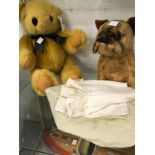 THREE WAX DOLLS AND TWO SOFT TOYS OFA TEDDY AND A DOG