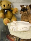 THREE WAX DOLLS AND TWO SOFT TOYS OFA TEDDY AND A DOG