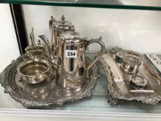 AN OLD SHEFFIELD PLATE INKSTAND, ELECTROPLATE COFFEE WARES AND A TRAY