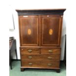 AN EARLY 19th C. MAHOGANY CONVERTED LINEN PRESS CABINET WITH HANGING SPACE OVER BASE DRAWER. W 128 X