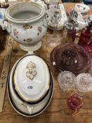 CUT GLASS SWEETMEAT JARS, CLOUD, CRANBERY AND OTHER GLASS, A BOOTHS SOUP TUREEN, A TWO HANDLED