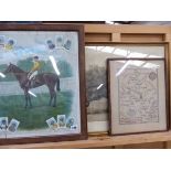 TWO VINTAGE PICTURES RELATING TO HORSE RACING TOGETHER WITH A NEEDLEWORK MAP OF OXFORDSHIRE (3)