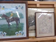 TWO VINTAGE PICTURES RELATING TO HORSE RACING TOGETHER WITH A NEEDLEWORK MAP OF OXFORDSHIRE (3)