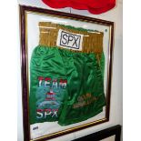 FRAMED COLIN 'SWEET C' MCMILLAN BOXER SHORTS, 1992 WBO' FEATHER WEIGHT CHAMPION, TEAM SPX, GREEN AND