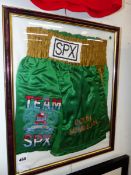 FRAMED COLIN 'SWEET C' MCMILLAN BOXER SHORTS, 1992 WBO' FEATHER WEIGHT CHAMPION, TEAM SPX, GREEN AND