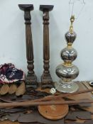 A SILVER CERAMIC TREBLE GOURD TABLE LAMP, TWO FOLDING RULES, SHOE TREES, A BRASS WALL BRACKET AND