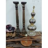 A SILVER CERAMIC TREBLE GOURD TABLE LAMP, TWO FOLDING RULES, SHOE TREES, A BRASS WALL BRACKET AND