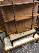 A VICTORIAN THREE TIER WALL SHELF AND TWO STOOLS.