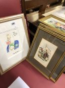 THREE SIGNED CARICATURE PRINTS AND A SET OF VICTORIAN PRINTS.