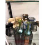 A PAIR SPLASHED IRIDESCENT GLASS VASES, VARIOUS MUGS, A PAIR OF JAPANESE BLUE AND WHITE CANDLE