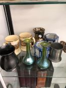 A PAIR SPLASHED IRIDESCENT GLASS VASES, VARIOUS MUGS, A PAIR OF JAPANESE BLUE AND WHITE CANDLE