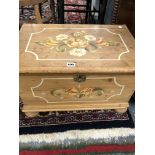 A SMALL ANTIQUE PAINTED PINE BLANKET BOX AND A VINTAGE CHILD'S WHEEL BACK HIGH CHAIR.