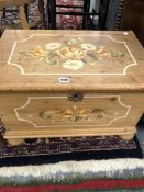 A SMALL ANTIQUE PAINTED PINE BLANKET BOX AND A VINTAGE CHILD'S WHEEL BACK HIGH CHAIR.