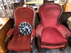 TWO VICTORIAN SHOW FRAME ARM CHAIRS.