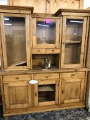 A VINTAGE PINE GLAZED TOP KITCHEN DRESSER. W 172 X D 48 X H 207cms.