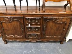 A 19th C. FRENCH SIDE CABINET WITH THREE CENTRAL DRAWERS. W 178 X D 51 X H 95cms.