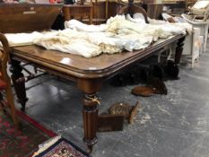 A VICTORIAN MAHOGANY WIND OUT DINING TABLE WITH TWO LEAVES. L 239 X EXTENDED W 121 X H 71cms.