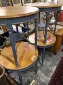 A SET OF FOUR OAK TOPPED PAINTED CIRCULAR OCCASIONAL TABLES. DIAMETER 80cms X H 79cms.