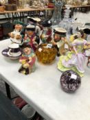 EIGHT VARIOUS TOBY JUGS, A DOULTON FIGURE, TWO BUBBLED GLASS PAPERWEIGHTS AND A WORCESTER CUP AND