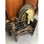 THREE BRASS TOPPED BENARES TABLES.