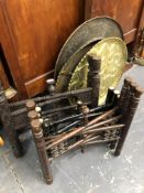 THREE BRASS TOPPED BENARES TABLES.