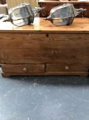A VICTORIAN PINE LARGE BLANKET CHEST WITH TWO DRAWERS TO BASE. W 142 X D 58 X H 81cms.