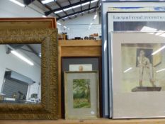 A LATE VICTORIAN GILT FRAMED MIRROR TOGETHER WITH VARIOUS ARTISTS EXHIBITION POSTERS A WATERCOLOUR