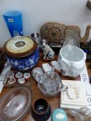 AN ANEROID BAROMETER, STUDIO ART GLASS VASE, POTTERY, OTHER GLASS AND AN INDIAN SEQUIN APPLIED