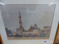 20th.C.ENGLISH SCHOOL. A NORTH AFRICAN VILLAGE VIEW, WATERCOLOUR. 26.5 x 33cms.